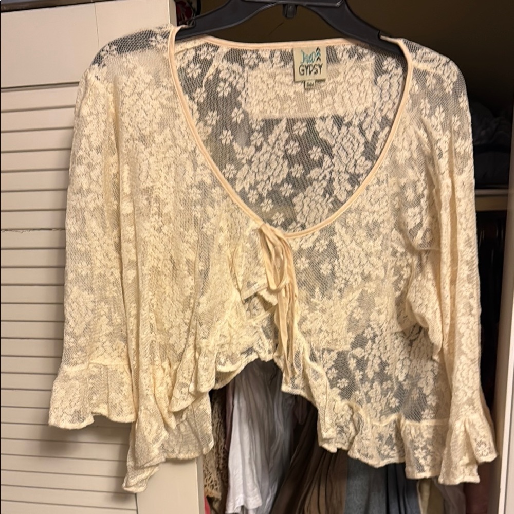 Lulu's Cream Crop Bell Sleeve Tie Front Jacket